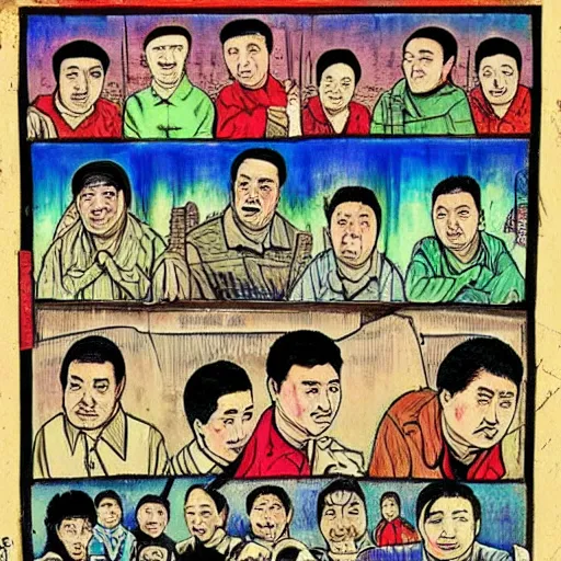 Image similar to uyghur men in a prison, in the style of daniel johnston and outsider art, 4k, overlaid with chinese text