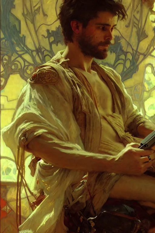Image similar to attractive man playing video games, painting by gaston bussiere, craig mullins, greg rutkowski, alphonse mucha