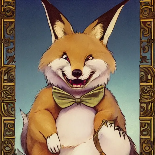 Prompt: an adorable zany girly alluring chubby charming but vicious fennic fox wolf rabbit hybrid, with long floppy rabbit ears, wearing a bow on the top of its head, grinning at the camera with a mischievous look, sharp teeth, happy lighting, at a tropical beach, greg rutkowski and alphonse mucha and jin xiaodi and anthony devine