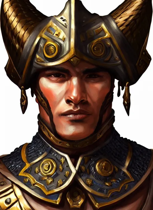 Image similar to smart tai warlord, closeup portrait, historical, ethnic group, traditional tai costume, bronze headset, intricate, with leather armor cross onbare chest, elegant, loin cloth, highly detailed, oill painting, artstation, concept art, matte, sharp focus, illustration, hearthstone, art by earl norem