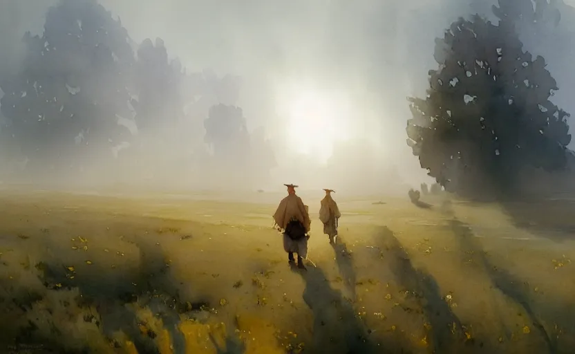 Image similar to california style watercolor painting of scandinavian plains, meadows, fog and dust, art by anders zorn, wonderful masterpiece by greg rutkowski, cinematic light, american romanticism by greg manchess, creation by tyler edlin