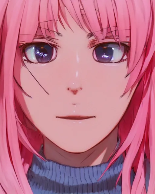 Image similar to happy teenage girl side face with pink curly pastel hair .Many single strips of hair floating in the air. Bright big eyes. Fine particles of red leaves.，cute, anime wallpaper，Sunlight on the face.by Krenz Cushart, Ian McQue, Ilya Kuvshinov, CloverWorks.vivid color.Shining highlights