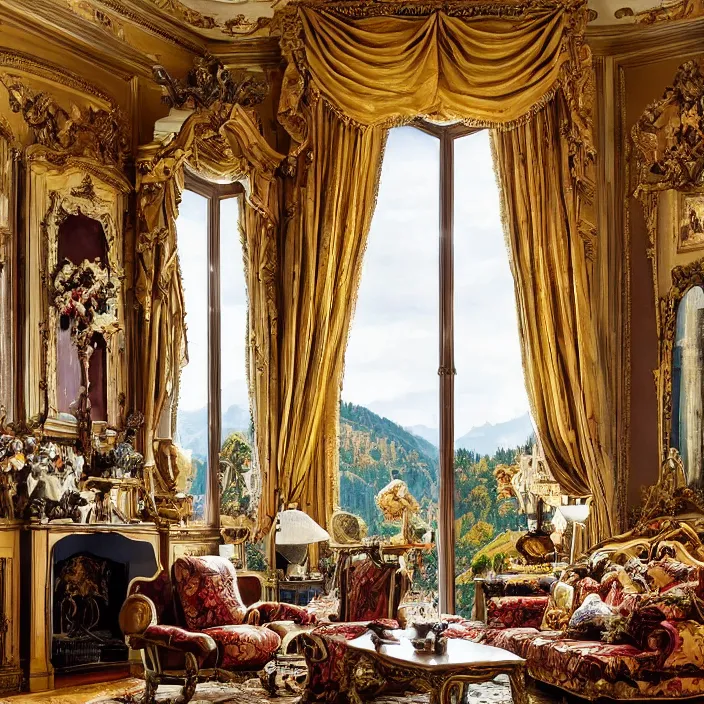 Image similar to photo of a fantastical baroque living room with switzerland landscape in the window in the style of maximalism