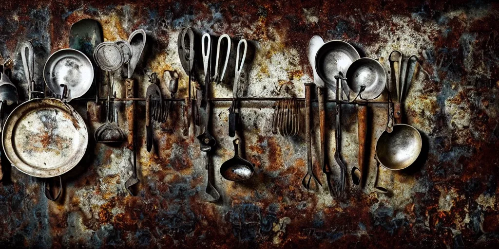 Image similar to decaying rotting puppies, moldy, on an antique distressed table top, metal kitchen utensils, old kitchen backdrop angled view, dark kitchen, style by peter lippmann, intricate detail,