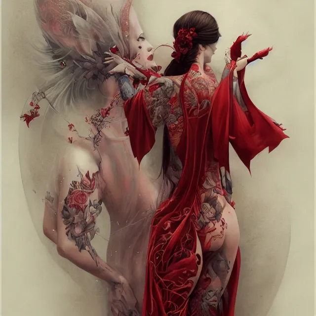 Image similar to ultra realistic illustration, beautiful ethereal woman dressed in red kimono, backview, tattoos, in the style of peter mohrbacher by weta digital and beth cavener, high face symmetry, intricate, masterpiece, award winning, high face symmetry, intricate