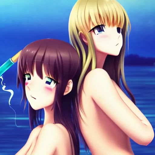 Image similar to two beautiful lesbian girls in love, smoking from a weed bong, sitting in front of a lake, in the style of anime, close - up, highly detailed face, 4 k, artstation, intricate, elegant, highly detailed, lush, stylized, japanese, smooth