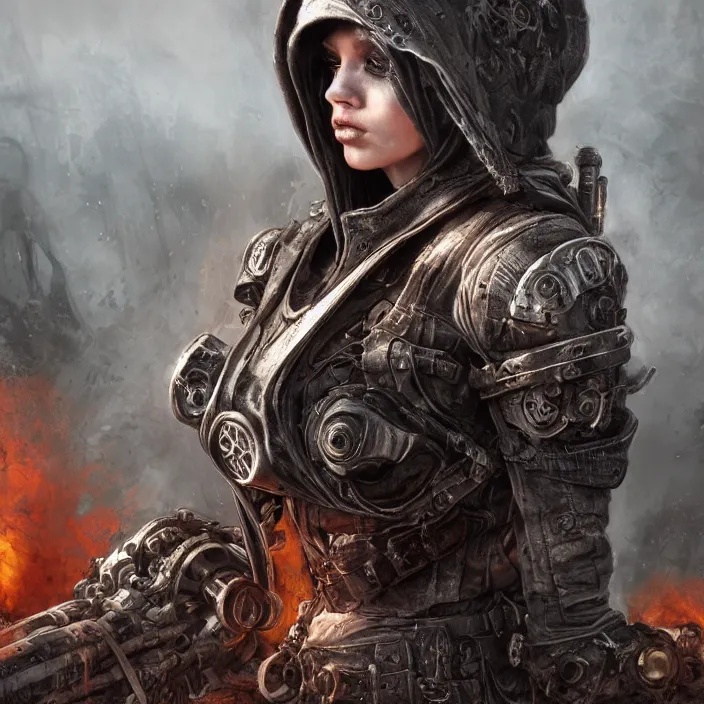 Image similar to beautiful apocalyptic woman in hooded cloak, standing on mad max panzer tank, hyper-detailed, smooth, sharp focus, 4k ultra hd, fantasy dark art, tank girl, artgerm, artstation, octane render, elegant, detailed digital painting, apocalyptic art, Francis bacon, gears of war, unreal engine