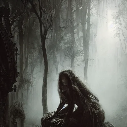 Image similar to epic hyperdetailed portrait of a haunting 🐙🕷 lurking in the shadows. by greg rutkowski, highly detailed portrait, rococo, digital painting, artstation, concept art, smooth, sharp foccus ilustration, artstation hq. intricate, elegant. art by wlop and artgerm and greg rutkowski and alphonse mucha, masterpiece. misty rainforest