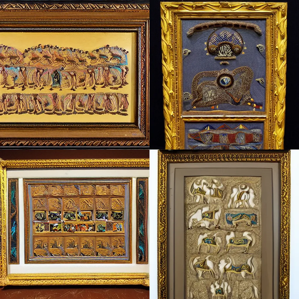 Prompt: gilded frame with beautiful reliefs, very well carved, with aboriginal motifs of northern Patagonia, animals and nature of the patagonian aboriginal by gustav Dure, with the blank canvas, ready for framing