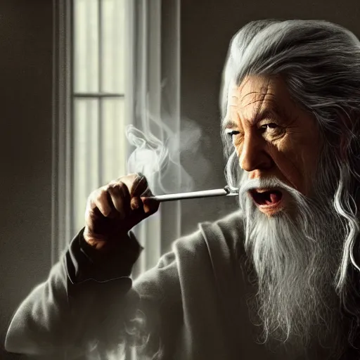 Image similar to gandalf attacks the white house, high detail shot, smoking, render, cgsociety, photorealism