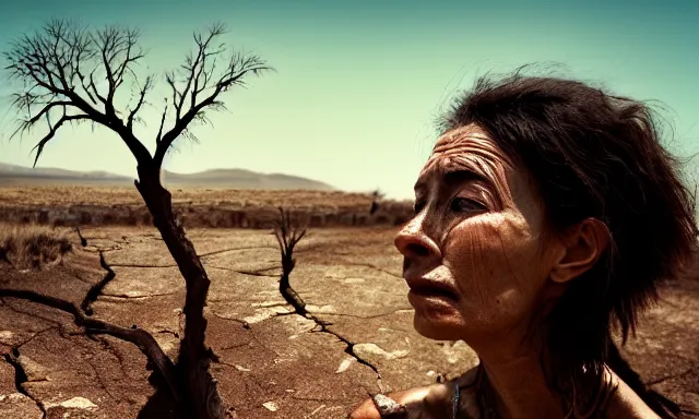 Image similar to medium shot of a crying ancient dried up Danu, peaceful, facing the camera and standing in front of a dried up river in a desolate land, dead trees, blue sky, hot and sunny, highly-detailed, elegant, dramatic lighting, artstation, 4k, cinematic landscape, photograph by Elisabeth Gadd