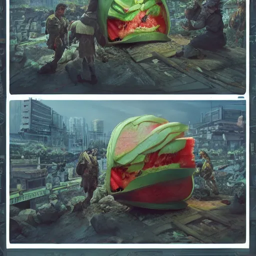 Prompt: Concept Digital Art Highly detailed giant Watermelon warlord protecting Ukrainian village from Orks by Taras Shevchenko and Stephen Hickman and Beeple. Very highly detailed 8K,Pentax 67, Kodak Portra 400 in style of Hiromasa Ogura Ghost in the Shell, the golden ratio, rational painting