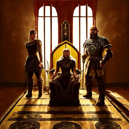 Image similar to the elder scrolls vi majestic gracious jarl portrait, stately throne room, painted, dark room, one point of light coming through the window, atmospheric lighting, painted, intricate, volumetric lighting, beautiful, golden hour, sharp focus, ultra detailed, by leesha hannigan, ross tran, thierry doizon, kai carpenter, ignacio fernandez rios