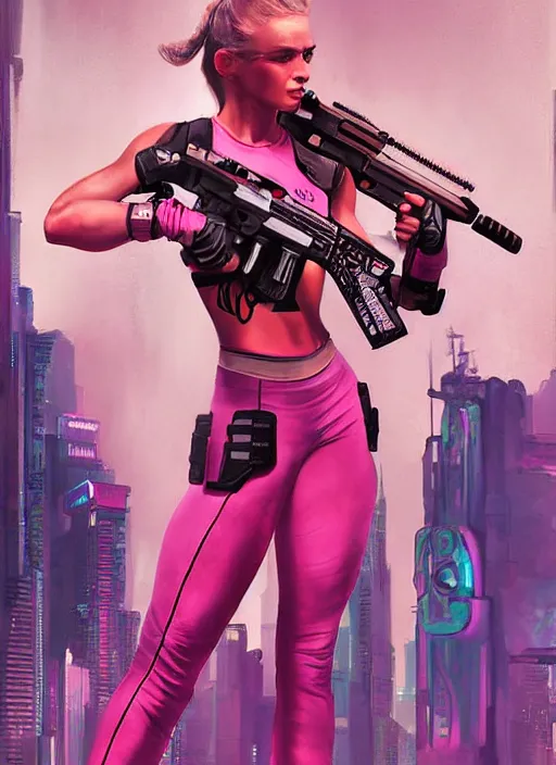 Prompt: beautiful cyberpunk female athlete wearing pink athletic gear. firing a futuristic red automatic pistol with huge magazine. ad for pistol. cyberpunk poster by james gurney, azamat khairov, and alphonso mucha. artstationhq. gorgeous face. painting with vivid color, cell shading. ( rb 6 s, cyberpunk 2 0 7 7 )