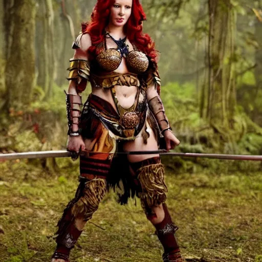 Prompt: full body photo of christina hendricks as an amazon warrior with weapons