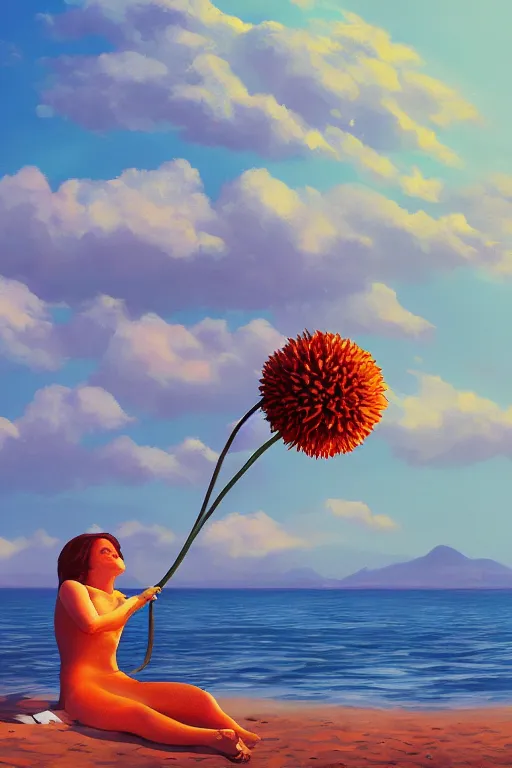 Image similar to closeup giant dahlia flower head, girl laying on beach, surreal photography, blue sky, sunrise, dramatic light, impressionist painting, digital painting, artstation, simon stalenhag