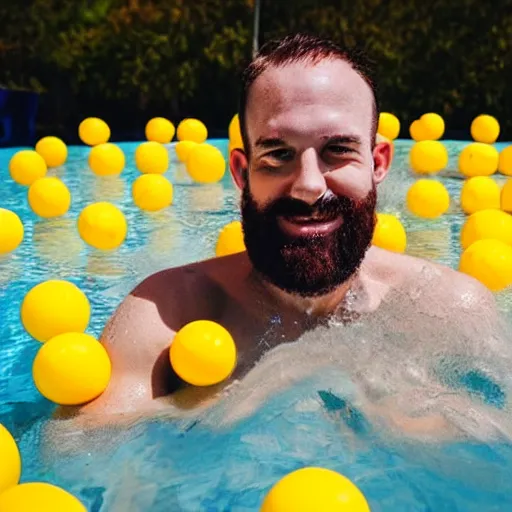 Prompt: man with half sided beard dipped in a pool of yellow and white balls