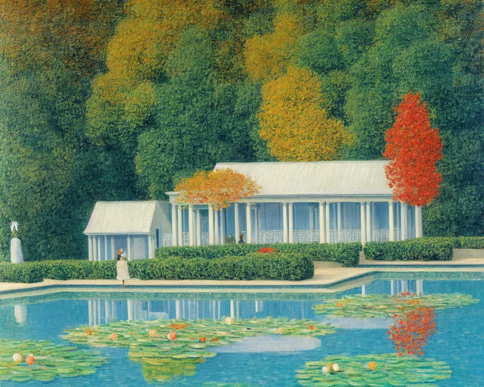 Image similar to achingly beautiful painting of a sophisticated, well - decorated pool house in fall by rene magritte, monet, and turner.