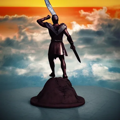 Prompt: The invincible warrior with his sword in his hand, looking towards the horizon realistic