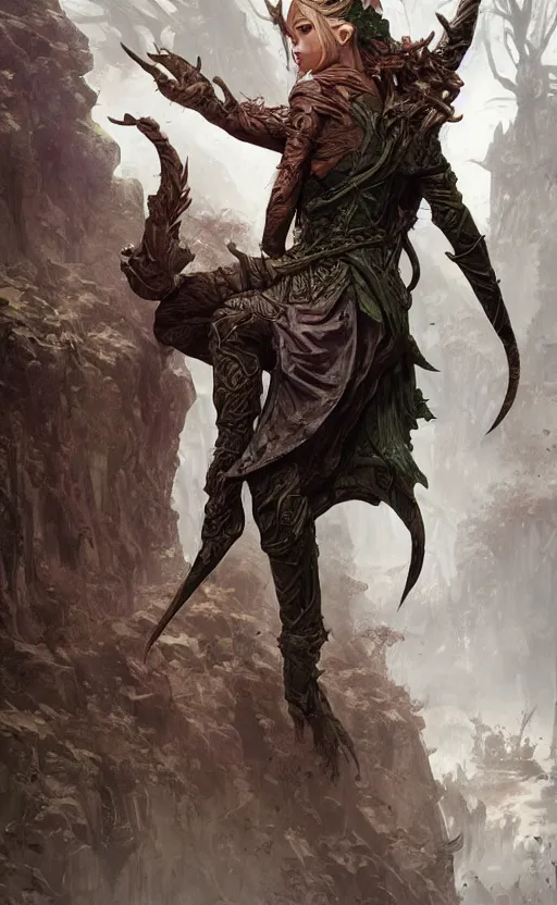 Prompt: elven rogue of the forest meet an outsider, surprise face, front game card, drark, marvel comics, dark, intricate, highly detailed, smooth, artstation, digital illustration by ruan jia and mandy jurgens and artgerm and wayne barlowe and greg rutkowski and zdislav beksinski