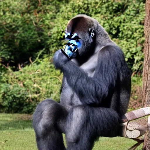 Image similar to a gorilla wearing a suit sitting on a chair smoking a cigar