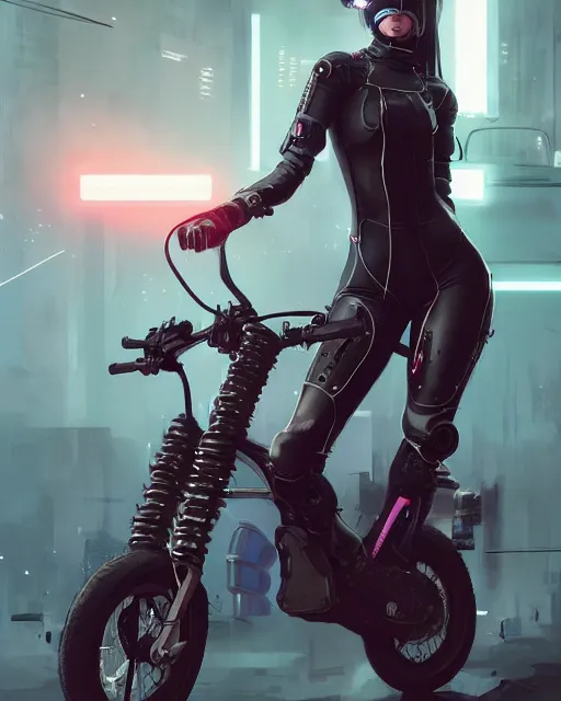 Image similar to girl wearing cyberpunk intricate catsuit riding bike, respirator, detailed portrait, cell shaded, 4 k, concept art, by wlop, ilya kuvshinov, artgerm, krenz cushart, greg rutkowski, pixiv. cinematic dramatic atmosphere, sharp focus, volumetric lighting, cinematic lighting, studio quality