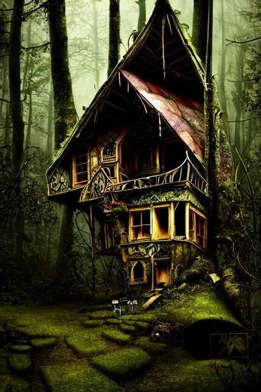 Prompt: a photograph of a ramshackle multistory fairytale hut in the forest, intricate, elegant, fantasy, highly detailed, overcast lighting, sharp focus