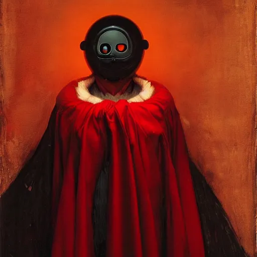 Prompt: black hole face dressed in red robe takes a selfie | highly detailed oil painting, hyperrealistic, very intrincate | cinematic lighting, award - winning | by roberto ferri, gustav klimt, william waterhouse and tom bagshaw | by austin osman spare and william blake, trending on artstation, cgsociety, official art, octane.