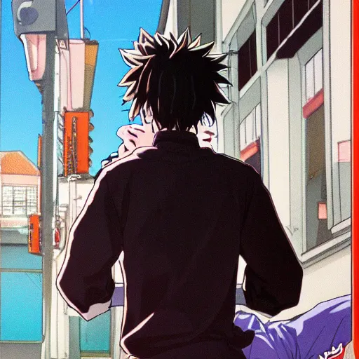 Image similar to a depressed anime boy in Copenhagen, anime visuals, Copenhagen, Hirohiko Araki artwork