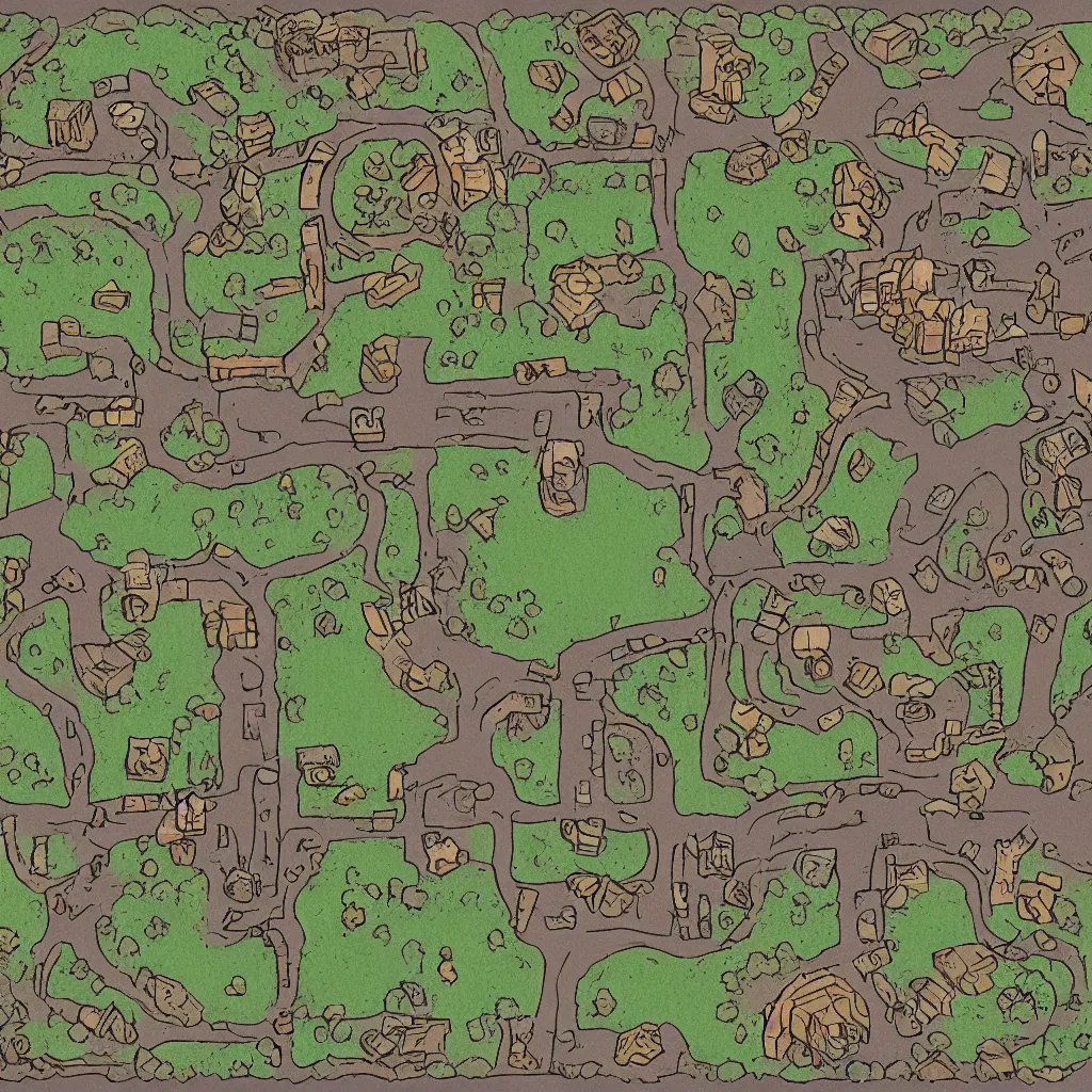Prompt: simplistic bandit camp layout, art by allixander maps, acrylic drawing, fantasy, world, bright, clear, simple, sharpened