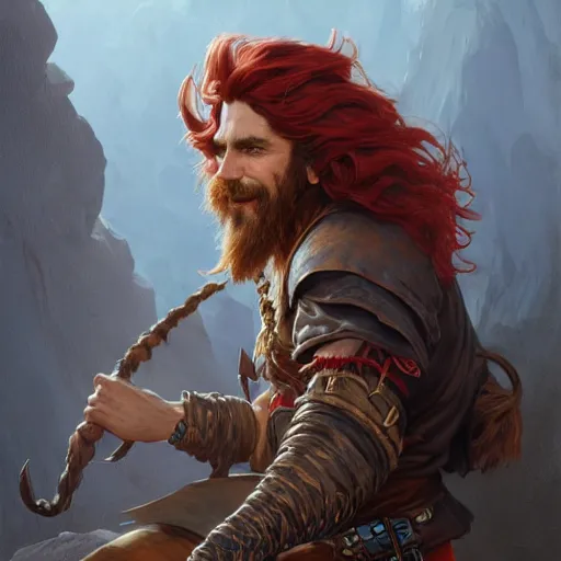 Prompt: portrait of a young ruggedly handsome but joyful pirate, male, masculine, upper body, red hair, waist long hair, d & d, fantasy, intricate, elegant, highly detailed, digital painting, artstation, concept art, matte, sharp focus, illustration, art by artgerm and greg rutkowski and alphonse mucha