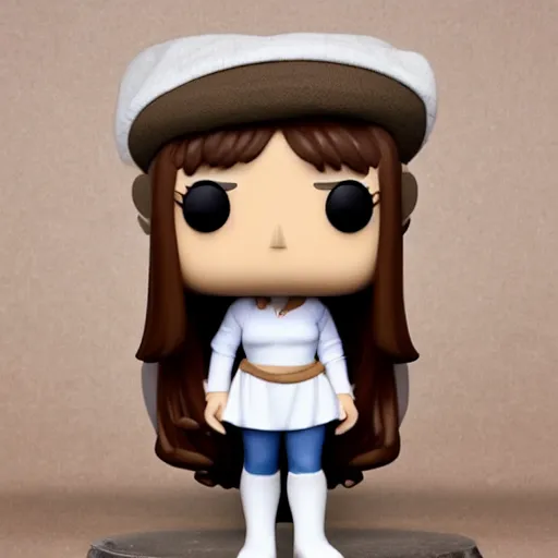 Image similar to Elmiira; funko pop of girl with short brown hairm, wearing a beret; white shirt; funko pop