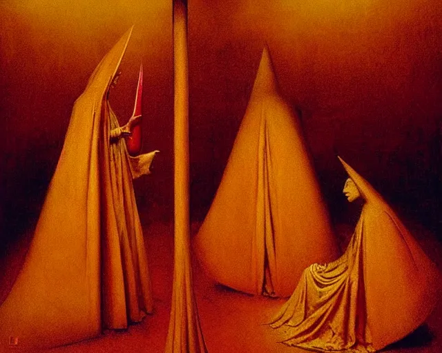 Prompt: devotion to the scarlet woman, priestess in a conical hat, coronation, ritual, sacrament, by francis bacon, beksinski, ( bosch ), mystical redscale photography, opulence, luxury, maximalism.