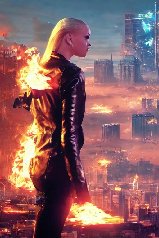 Prompt: in the foreground Saint Petersburg in cyberpunk, in the background a magnificent young blonde woman from behind playing with flames coming out of her hands wearing a long matrix-style jacket, realistic, high definition, many details, dramatic scene, symmetrical face, eyes realistic, art of alex ross