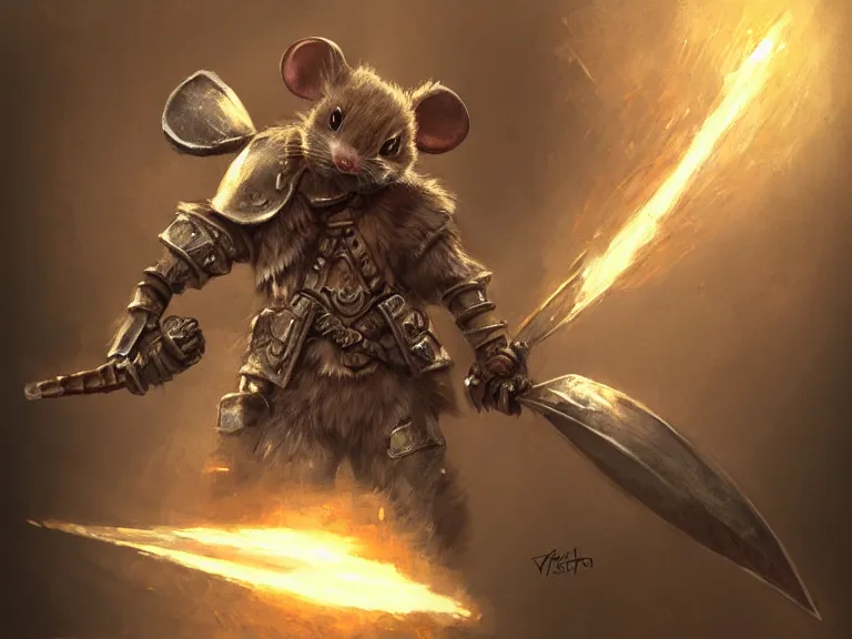 Image similar to warrior mouse with armor reaches for floating crystal, RPG Portrait, trending on Artstation, Pose Study, Photorealistic, ultra detailed, award winning