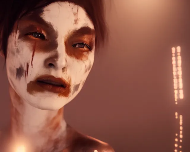 Prompt: a film still of a synthetic female human with warpaint wrapped in white cloth, in neotokyo, cinematic lighting, high resolution, 4 k