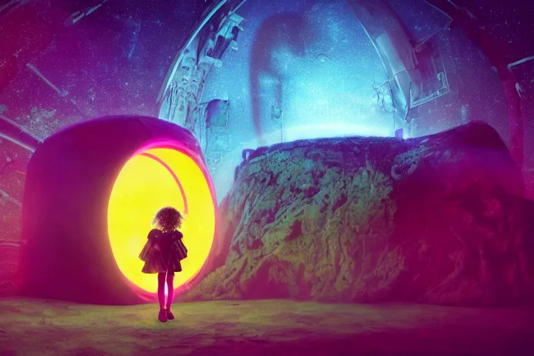 Prompt: girl emerging from a space portal in cyberspace, in 1 7 6 7, cutecore clowncore, bathed in the the glow, alien castle in background, low - light photograph, in style of tyler mitchell