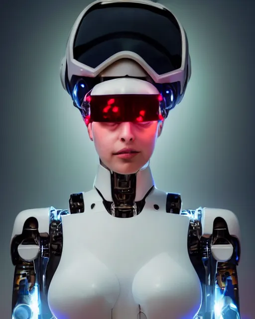 Prompt: centered portrait of soulful young sabrina salerno as a solarpunk mecha humanoid robotic parts wearing crystal goggles with bright led lights, real human face, pudica gesture bouguereau style, in white room, ultra - realistic and intricate, soft portrait shot 8 k