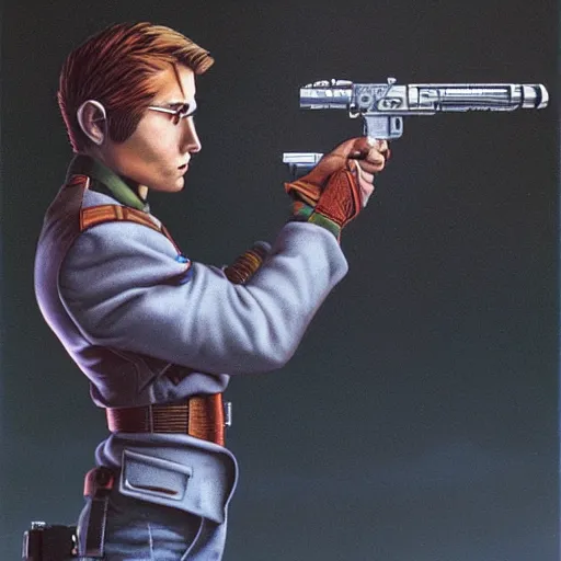 Image similar to an action portrait of fox mccloud holding a blaster, suspenseful, heroic, by peter elson