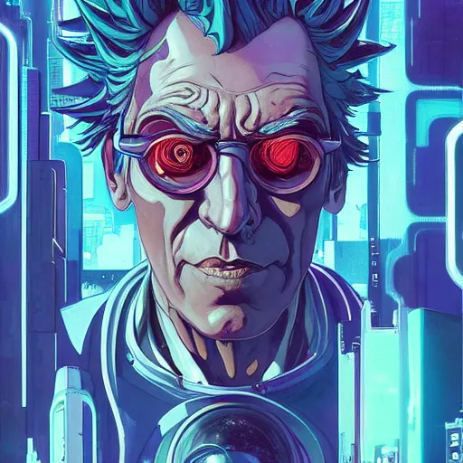 Prompt: 5 5 5 rick sanchez cyberpunk portrait by gaston bussierre and charles vess and james jean and erik jones and rhads, inspired by ghost in the shell, beautiful fine face features, intricate high details, sharp, ultradetailed