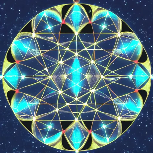 Prompt: Ashmedi Melechesh Sacred Geometry Universe Stars Aurora