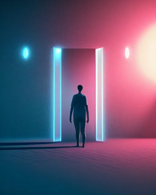 Image similar to a person standing in front of a glowy open door that's on a barren moon, poster art by mike winkelmann, trending on cg society, space art, sci - fi, ue 5, futuristic, volumetric lighting