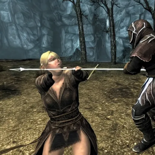 Image similar to a skyrim babe shooting a guard in the knee with an arrow