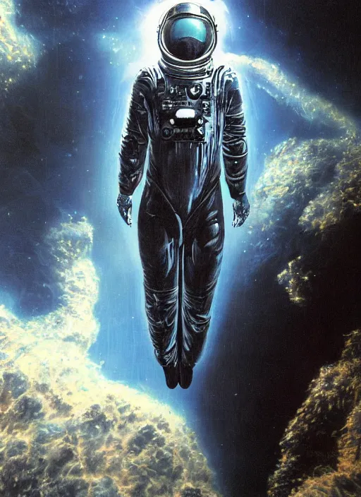 Image similar to astronaut in dark void underwater - complex and hyperdetailed technical suit design. reflection and dispersion materials. rays and dispersion of light. volumetric light. f / 3 2. noise film photo. flash photography. ultra realistic, 5 0 mm. poster by wayne barlowe, hajime sorayama aaron horkey, craig mullins