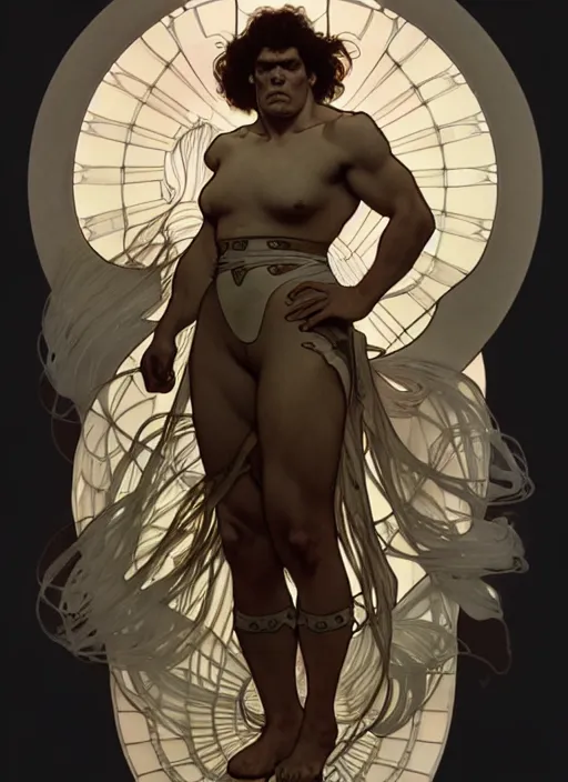 Image similar to digital concept art by artgerm and alphonse mucha. andre the giant!! full body!! contour light effect!! 8 k, black tape project show. stage light. octane render. sharp edge. ultra clear detailed