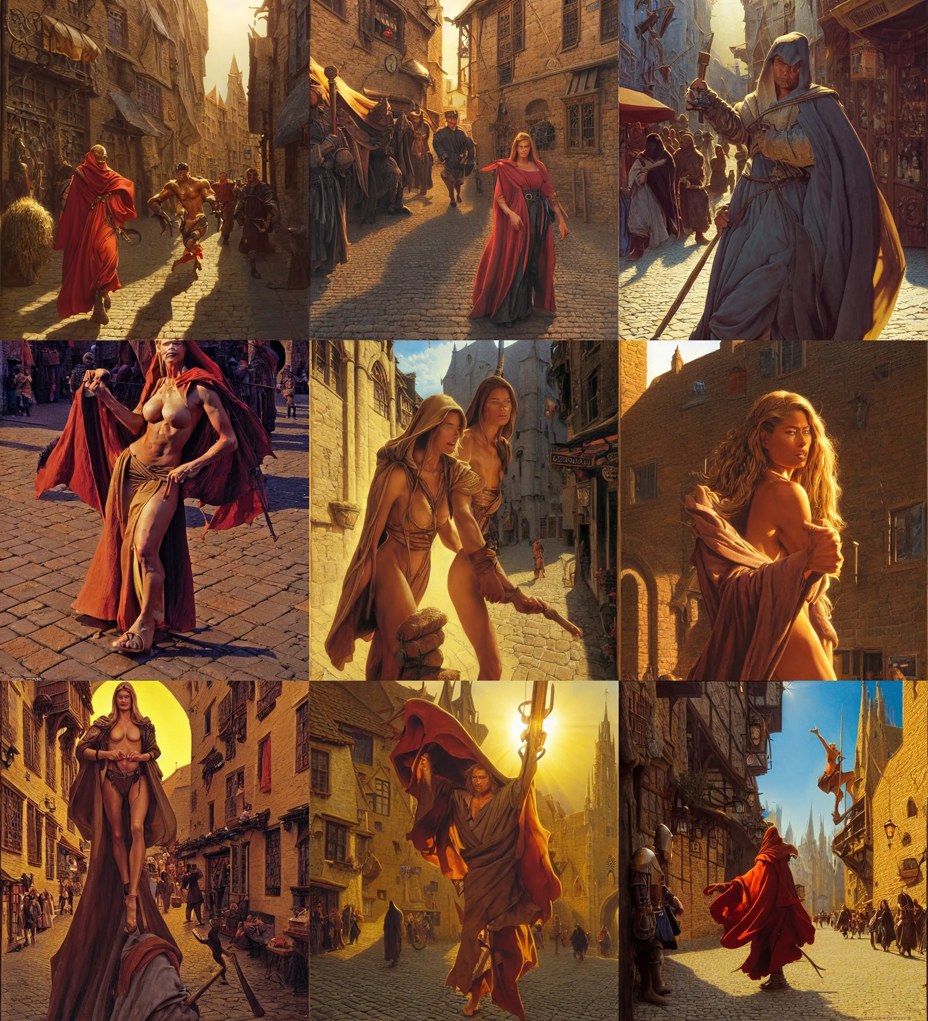 Prompt: close - up portrait of doutzen kroes as muscled cloaked thief hanging around a cobbled medieval shopping street, colored market stand, sun down, sun - rays beams, epic composition, 2 0 0 mm focal length, donato giancola, tim hildebrandt, wayne barlow, bruce pennington, larry elmore