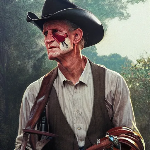 Image similar to portrait painting of woodrow harrelson, with a cowboy hat and bloody golf club, ultra realistic, concept art, intricate details, eerie, highly detailed, photorealistic, octane render, 8 k, unreal engine. art by artgerm and greg rutkowski and alphonse mucha