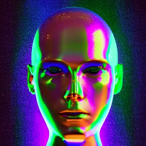 Image similar to 3d render of holographic human robotic head made of glossy iridescent, surrealistic 3d illustration of a human face non-binary, non binary model, 3d model human, cryengine, made of holographic texture, holographic material, holographic rainbow, concept of cyborg and artificial intelligence