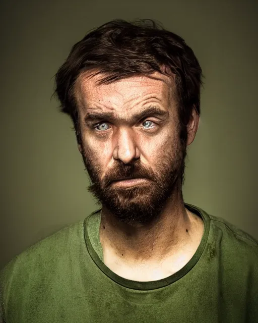 Prompt: closeup prison mugshot of shaggy, dramatic lighting, dirty green clothes, neck shackle, low saturation, somber expression, beardless, smooth face, soft vignette, soft focus, 5 0 mm, 4 k, scooby doo screenshot, photograph by annie leibovitz