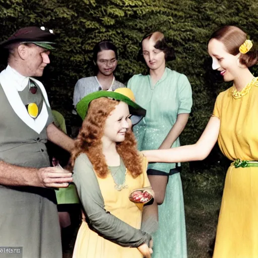 Prompt: an image of a queen with tan skin long rippling cinnamon hair and emerald colored eyes in a medium full shot, vintage historical fantasy 1 9 3 0 s kodachrome slide german and eastern european mix. the queen is pictured attending a barbecue for youth volunteers. she is dressed in a yellow dress paired with green accessories.